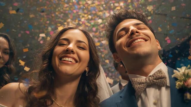 Smiling newlywed couple celebrating while confetti falling from ceiling at reception, veil bow tie