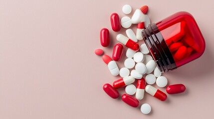 Red Pill Bottle Spilling Capsules and Tablets on Pale Pink Background Healthcare Concept.
