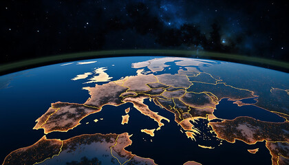 Europe From Space With Glowing Country Borders