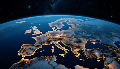 Europe From Space With Glowing Country Borders