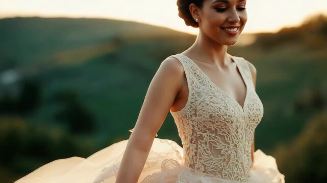 Turning model posing wearing ornate bodice spinning tulle skirt at sunlit hillside, catching flare