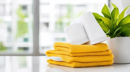 Stacked Yellow and White Towels with Green Plant on White Countertop.