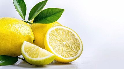 Vibrant Lemon Still Life Sliced Citrus with Dewy Green Leaves on White.