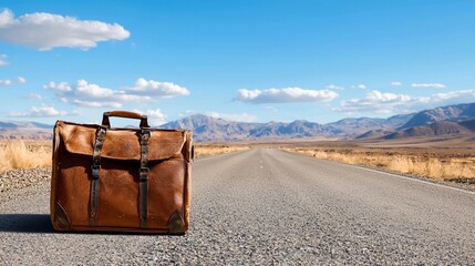 Vintage Leather Suitcase on Desert Road Blue Sky Mountains.