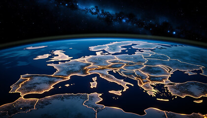 Europe From Space With Glowing Country Borders