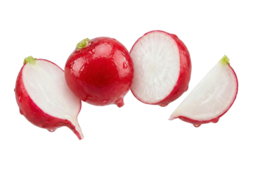 Freshly harvested red radishes with one whole and others sliced revealing crisp white interior