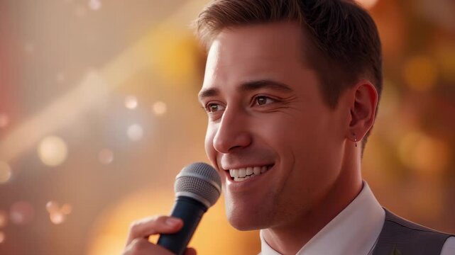 Smiling groom on cue, holding mic and delivering wedding toast at reception, in vest, flower pin
