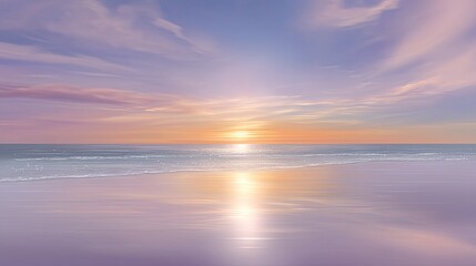 Fototapeta premium Serene Sunset Over Calm Ocean Waves with Soft Pastel Colors Illuminating the Sky and Reflecting on the Tranquil Water Surface at Dusk