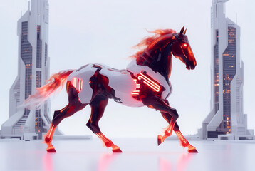 generated art. fiery electric cyber horse	