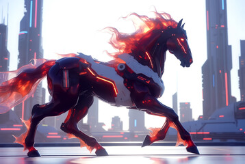 generated art. fiery electric cyber horse	