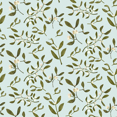 Seamless pattern featuring delicate mistletoe branches with green leaves and white berries on a blue background. Elegant botanical design perfect for textiles, packaging and holiday decor