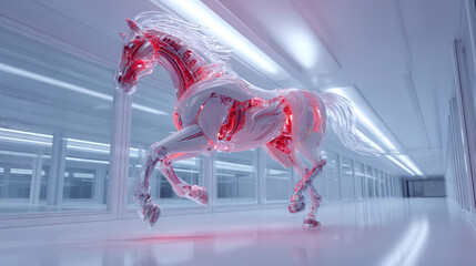 generated art. fiery electric cyber horse	