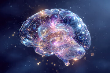 generative illustration. a glass human brain filled with the universe