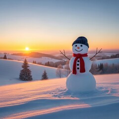 Fototapeta premium Joyful snowman greets a beautiful winter sunrise over snowy hills