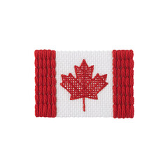 Rectangular patch features Canadian flag design with red maple leaf centered on transparency background, flanked by red vertical stripes. texture resembles embroidery