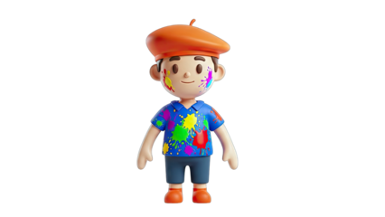 Cartoon Artist with Paint Splatters on White Background