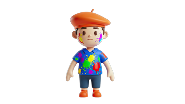 Cartoon Artist with Paint Splatters on White Background - Powered by Adobe