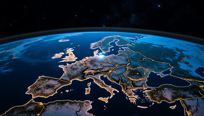 Europe From Space With Glowing Country Borders