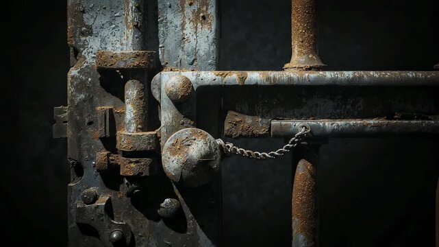 Lighting upper-left brightening rusted latch with round knob and chain at hatch, revealing rust