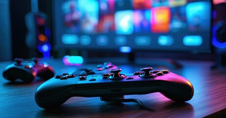Gaming setup features controller, monitor displaying vibrant game visuals. Dark room illuminated by colorful lights. Focus on entertainment, technology.
