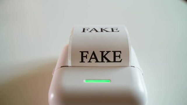 Mini printer prints the word "FAKE" on white paper, close-up. Thermal printing in black letters on self-adhesive paper