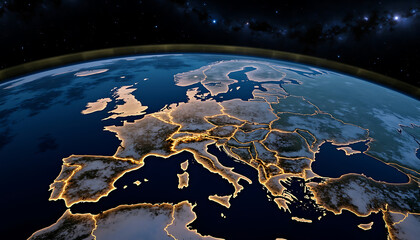 Europe From Space With Glowing Country Borders