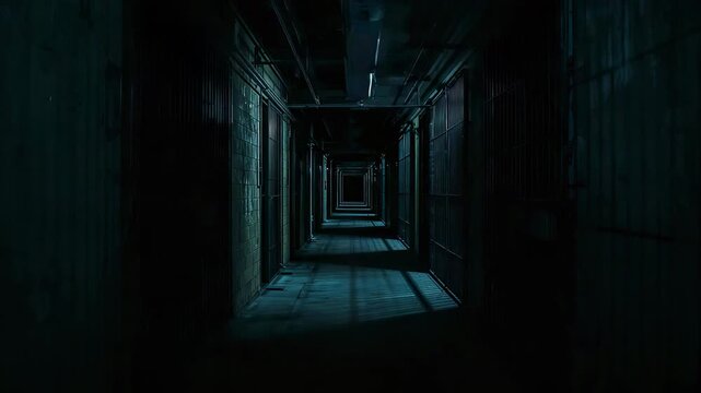 Recording camera capturing central corridor at prison for security, showing barred cell doors