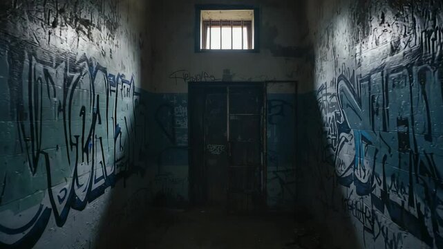 Camera moving down graffiti corridor as high barred window brightening revealing shut wooden door