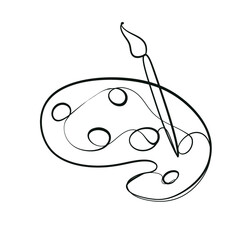 A simple design shows a palette and a paintbrush. The palette has paint spots and the brush is ready. This represents the tools artists use to create their work.