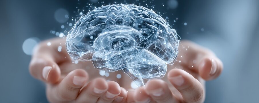 Holographic brain floating in hands: a digital neuroscience concept and innovative mind science