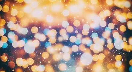Soft glowing lights in warm orange, gold, and cool blue tones create a dreamy bokeh effect. Sparkling dots scatter across a dark background. Perfect for festive designs and celebrations.
