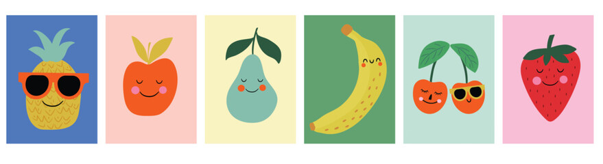 Smiling fruit characters including pineapple, apple, pear, banana, cherry, and strawberry in bright colors. Perfect for nursery decor, playroom art, Montessori, kitchen prints, cards.