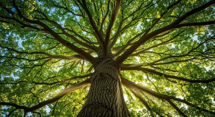 Looking up at a large tree with spreading branches and green leaves against a bright blue sky. Sunlight filters through the canopy creating a peaceful natural scene. Perfect for nature themes.