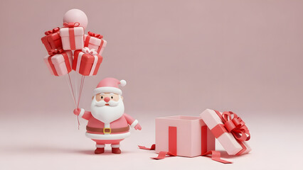 Santa Claus holding balloons and gift box