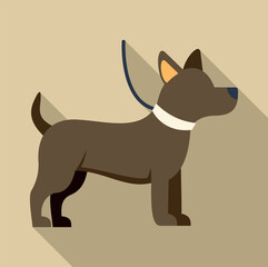 Brown dog wearing a white collar and leash, standing in flat design style