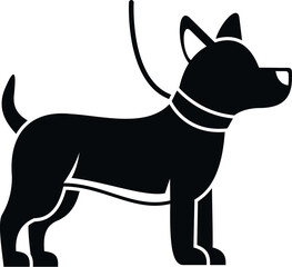 Dog standing in profile wearing a collar and leash