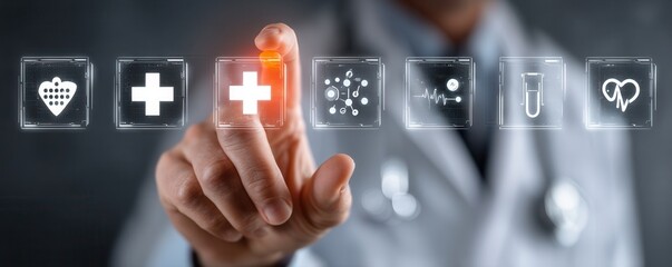 Medical professional uses digital health icons on a futuristic touchscreen interface