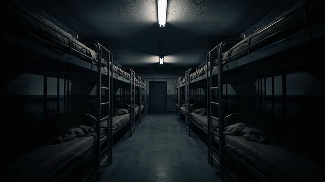 Recording starting camera capturing rows of metal bunk beds in narrow sleeping hall, overhead light