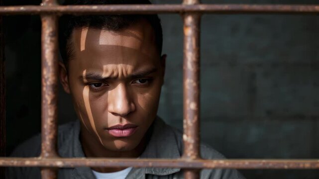 Bowing man reflecting in cinderblock cell behind rusted bars as shaft of light crossing gray shirt