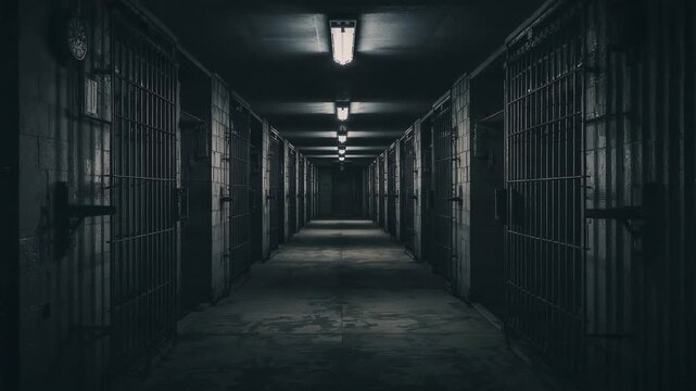 Recording fixed camera holding steady at entrance, showing central prison corridor and barred doors