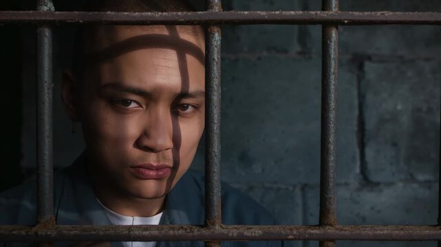 Tracking Asian detainee reacting to offscreen stir in cell, with rusted bars and shadow, copy space