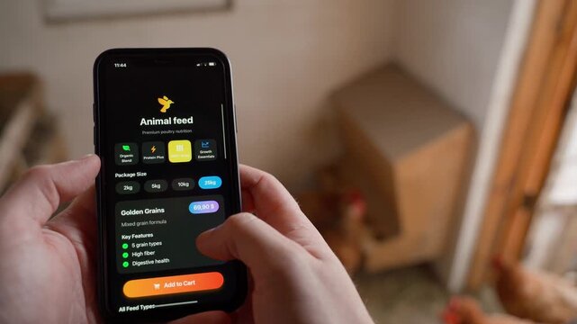 Farmer chooses type and quantity of feed for chickens and buys it on background of chickens in chicken coop. Fake mobile app mockup. Feed delivery order