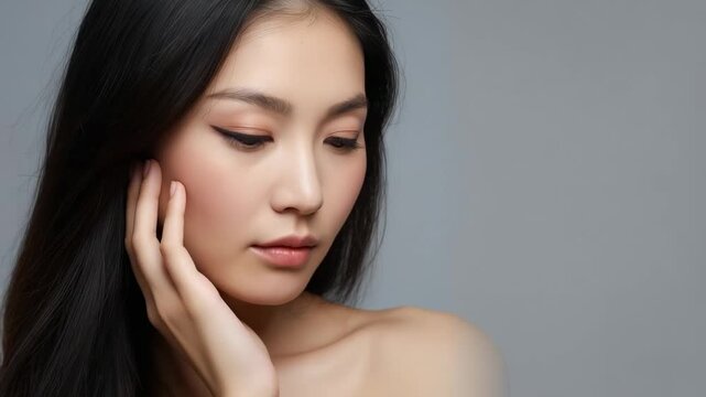 Camera rolling Asian model resting right hand on left cheek with bare shoulder for studio shoot
