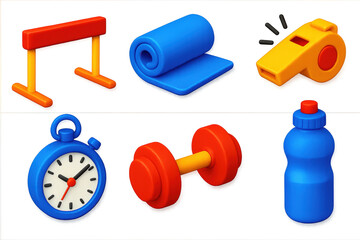 Vibrant Sports Icons. 3D icon set of sports training: hurdle, gym mat, dumbbell, whistle, stopwatch, water bottle. A set of