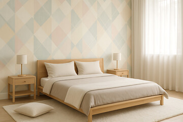 Bright and tranquil bedroom with soft natural light, light wood furniture, and a geometric wallpaper pattern in gentle pastel colors