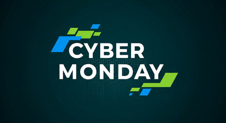 Image displays text "Cyber Monday" with blue and green geometric accents, over digital code, representing technology sale, digital commerce day