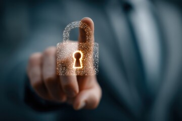 Businessman touches a glowing padlock symbol to emphasize data security and cybersecurity in a digital world