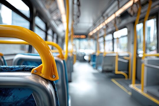Interior view of an empty city bus with blue seats, yellow handles, and overhead lights