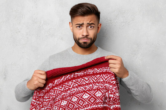 Returning unwanted gifts can be disappointing as young man with brown hair and beard holds red patterned sweater with sad expression against gray wall background - Powered by Adobe