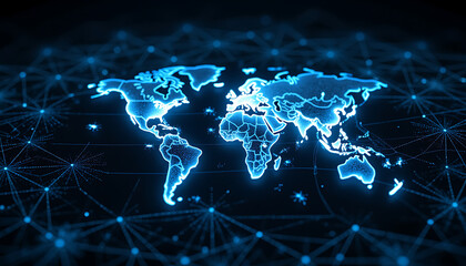 Glowing Blue Digital World Map on Dark Background